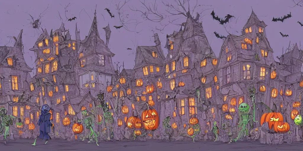 Image similar to a study of cell shaded cartoon of halloween town from tim burtons nightmare before christmas, illustration, wide shot, muted colors, concept art by josan gonzales and wlop, by james jean, victo ngai, david rubin, mike mignola, laurie greasley, highly detailed, sharp focus, trending on artstation, hq, deviantart, art by artgem