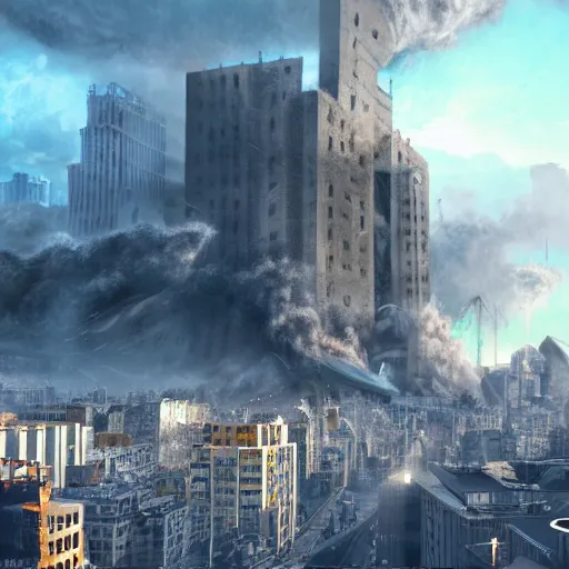 Image similar to giant man destroying the city, matte painting, concept art, 4k