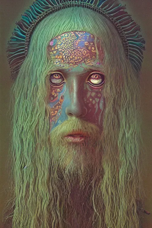 Image similar to psychedelic shaman, portrait, digital painting, highly detailed, intricate, trending on artstation, by zdzisław beksiński