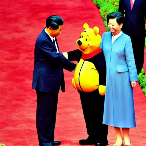 Prompt: winnie the pooh and xi jinping shaking hands in palace