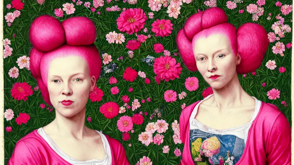 Prompt: portrait of a woman with pink hair buns, wearing a red t-shirt by Vivienne Westwood, standing in a garden full of flowers, intricate details, high detail, in a renaissance style, super-flat, punk