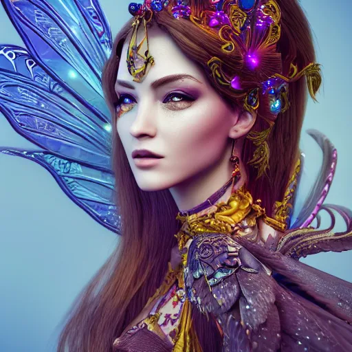 Prompt: side portrait of ecclectic witch, beautiful, attractive, glowing, ornate and intricate, jaw dropping, dynamic lighting, colorful, fairy tale, intricate and detailed, 4 k octane render, intricate wings