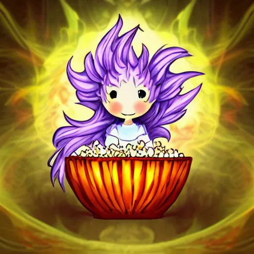 Image similar to fluffy popcorn elemental spirit anime character with a smiling face and flames for hair, sitting on a lotus flower, clean composition, symmetrical