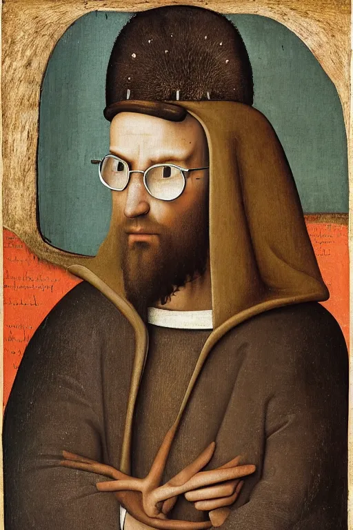 Prompt: portrait of a young handsome brown-haired bearded man with ray-ban glasses wearing hoodie by hieronymos bosch