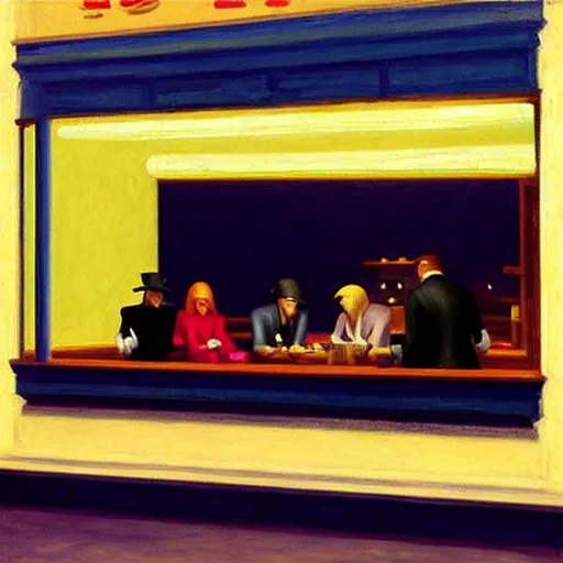 Image similar to “ nighthawks by edward hopper, but with dogs in the cafe.