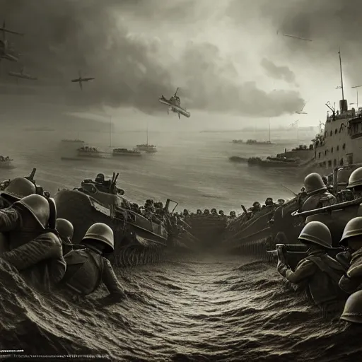 Image similar to the the D day WW2 in roblox, photo from 1940s, very detailed, fantasy, dramatic, intricate, elegant, highly detailed, digital painting, artstation, concept art, smooth, sharp focus, illustration, art by Gustave Dore, octane render