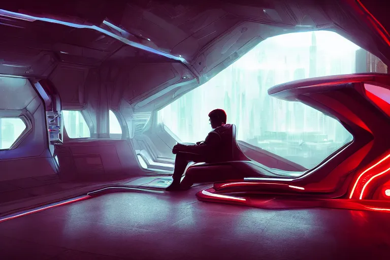 Image similar to a cinematic shot of a man sitting in a futuristic sci - fi vehicle, dramatic lighting, concept art, hyper realistic, cyberpunk