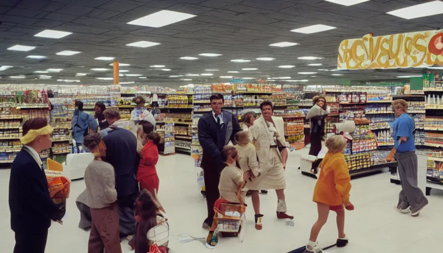 Prompt: 1990s candid photo of a beautiful day at the grocery store, cinematic lighting, cinematic look, golden hour, large costumed mascot business people giving presentations to families, Enormous personified business people with outstandingly happy faces coming out of a portal and talking to families, UHD