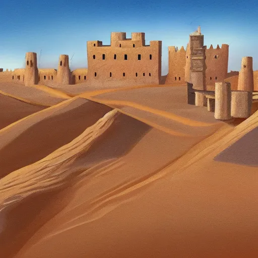 Image similar to High-Quality realist painting of a fortress in the Sahara Desert, peaceful, very detailed, digital art.