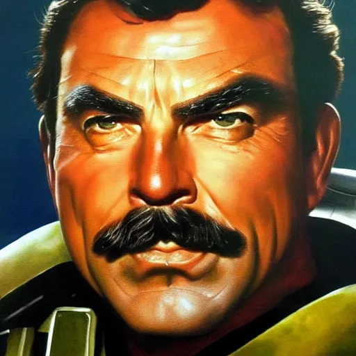 Image similar to ultra realistic portrait painting of tom selleck as master chief, art by frank frazetta, 4 k, ultra realistic, highly detailed, epic lighting