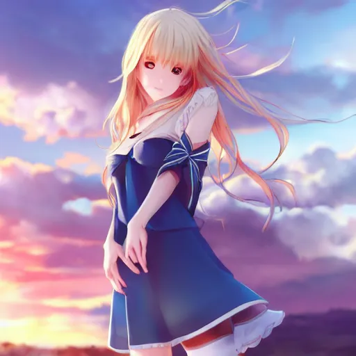 Image similar to a very beautiful anime cute girl, full body, long wavy blond hair, sky blue eyes, full round face, short smile, fancy top, miniskirt, front view, summer lake setting, cinematic lightning, medium shot, mid-shot, highly detailed, cinematic wallpaper by Stanley Artgerm Lau