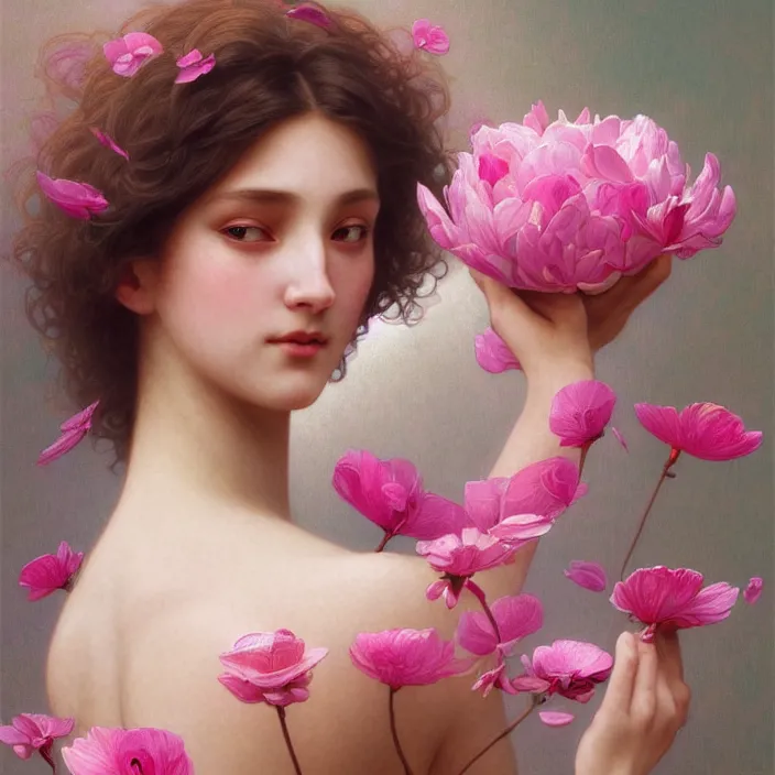 Prompt: a wonderful goddess with a realistic body made of pink petals, intricate, elegant, highly detailed, wonderful eyes, sweet, digital painting, artstation, concept art, smooth, sharp focus, illustration, art by artgerm and greg rutkowski and alphonse mucha and william - adolphe bouguereau