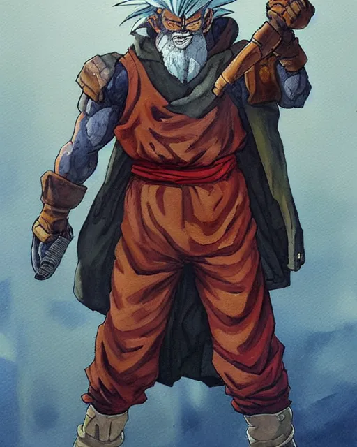 Prompt: a oil / watercolor painting full body character portrait of an old homeless saiyan soldier / mercenary in the style of moebius in the style of leonard boyarsky trending on artstation deviantart pinterest detailed photorealistic highlights and shadow hd 8 k post - processing high resolution