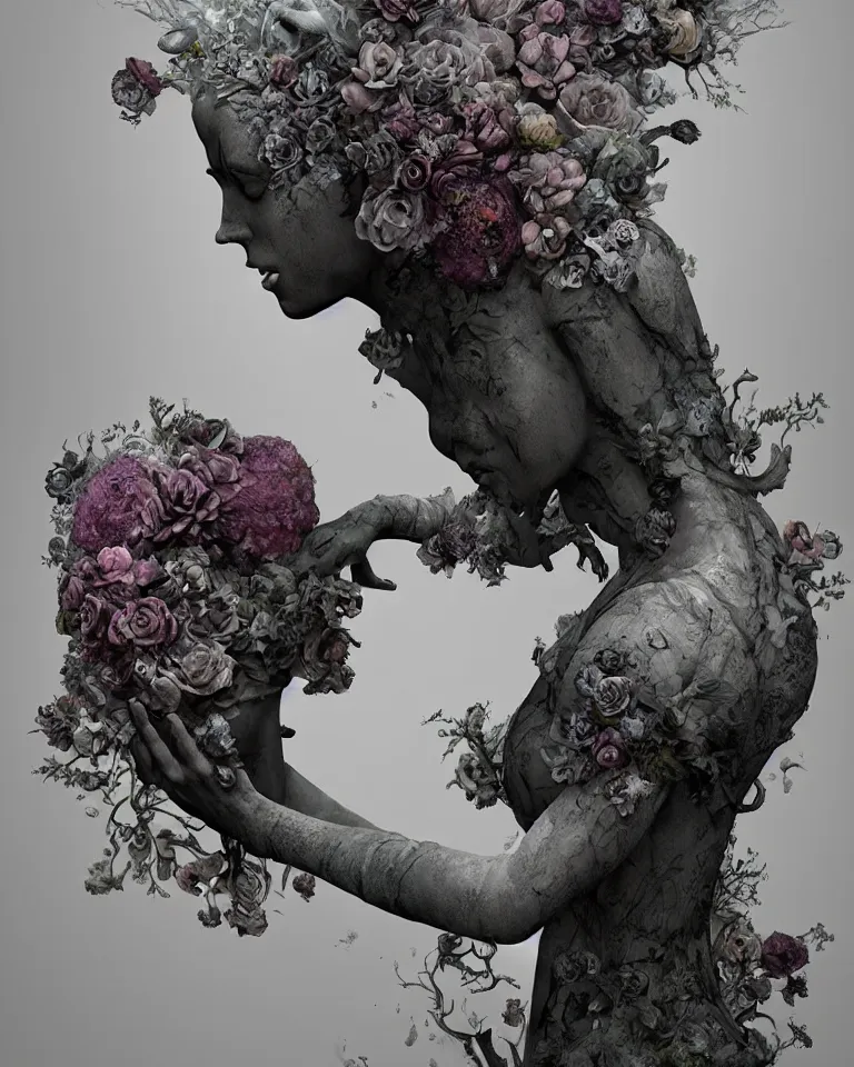 Image similar to portrait of gothic cemetery statue breaking apart, made of mist, made of flowers, Andrew Ferez, Charlie Bowater, Marco Mazzoni, Seb McKinnon, Ryohei Hase, Alberto Seveso, Kim Keever, trending on cgsociety, featured on zbrush central, new sculpture, mystical