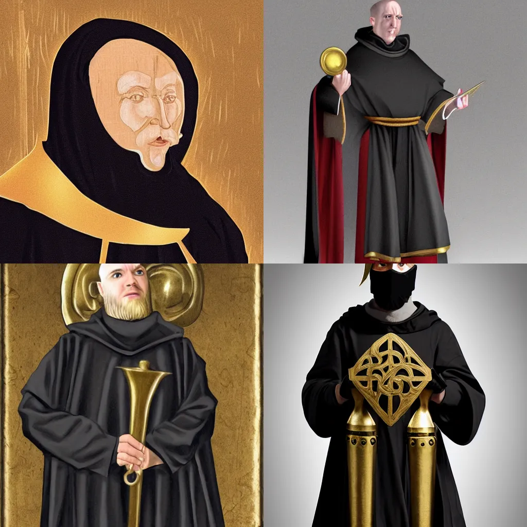 Prompt: a medieval monk in black robes with a brass mask concept art