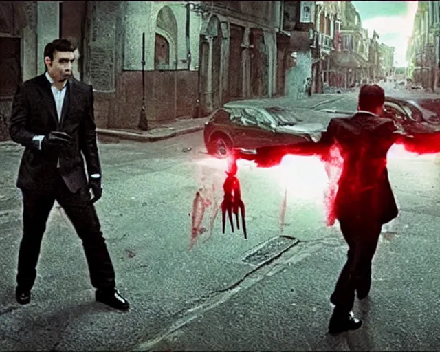 Image similar to a magical combat scene between the mafia and vampires from the modern hbo mini series / the outfit /, a supernatural mafia magical horror crime thriller about magical monster - hunting mafiosi in philadelphia, hd 8 k film photography, with modern supernatural horror magic aesthetic.