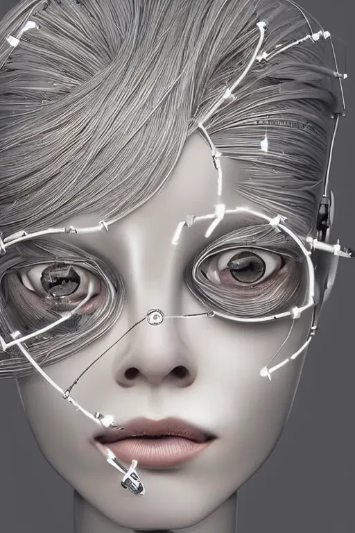 Image similar to robot with human face, female head, full body angle, woman human face, human face realistic, beautiful blonde hair, human head, human head with blonde hair, blonde hair human head, blonde hair, human realistic face, human head skin, cyborg frame concept, cyborg by ales-kotnik, sci-fi android female, the body is made of wires, robotic body, cyborg body, cyborg bust body, robot body cyborg, full body