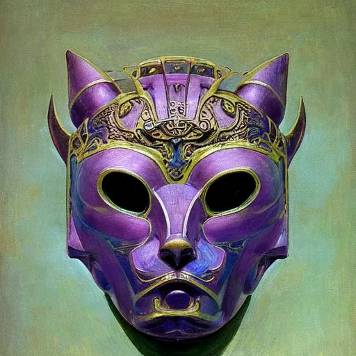 Image similar to beautiful ornate mechanical robot cat head mask, by annie swynnerton and diego rivera and nicholas roerich and jean delville, symbolist, dramatic lighting, god rays, elaborate geometric ornament, art brut, colors are soft greens and blues and purple, smooth, sharp focus, extremely detailed, adolf wolfli and ( donato giancola )