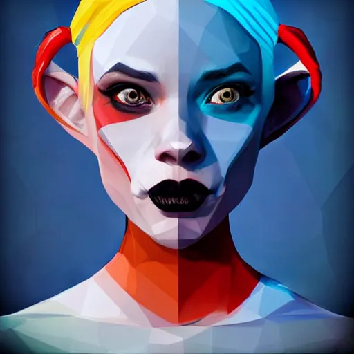 Prompt: digital art, low poly 3d render of Harley Quinn but she's a beautiful ape kid with long pony tails on either side of her head, illustration, by James Jean, artgerm, octane render, by John Coltrane and Marc Simonetti, Manic, graffiti, kinemacolor, colorful, high detail of the face