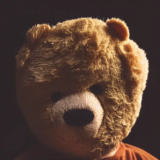 Prompt: Portrait studio photograph of Kanye West as a anthropomorphic teddy bear, close up, shallow depth of field, in the style of Felice Beato, Noir film still, 40mm