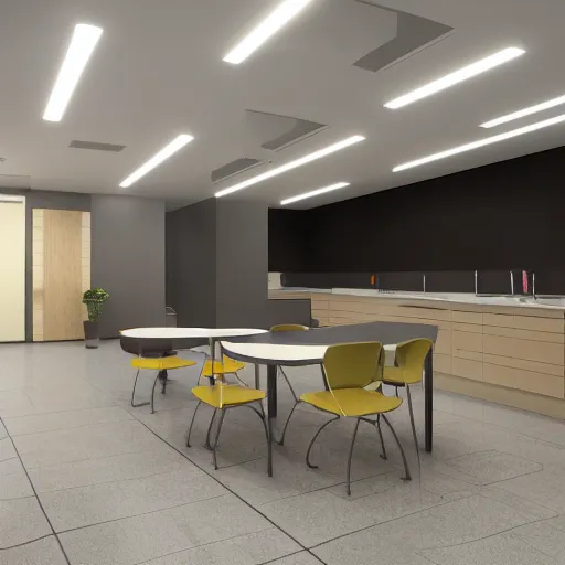 Prompt: isometric view of break room, clean, minimalist, light and shadows, octane render