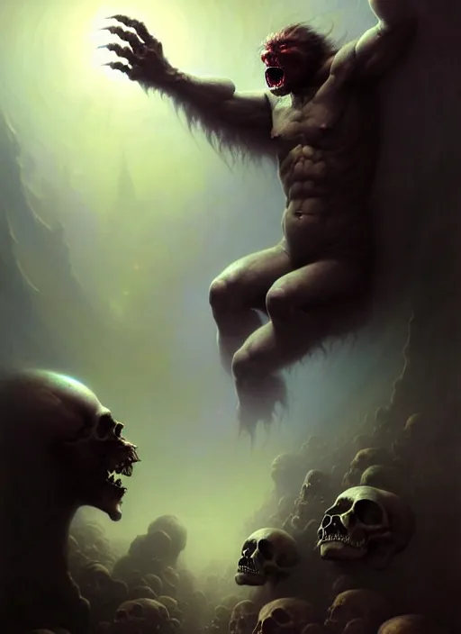 Prompt: shackled in the void of heaven, frank frank frazetta and cgsociety, stunning god sasquatch, charlie bowater and tom bagshaw, insanely detailed, deviantart, space art, atoms surrounded by skulls, death, and spirits deep under the haze smaoke, horror, sci - fi, surrealist painting, by peter mohrbacher