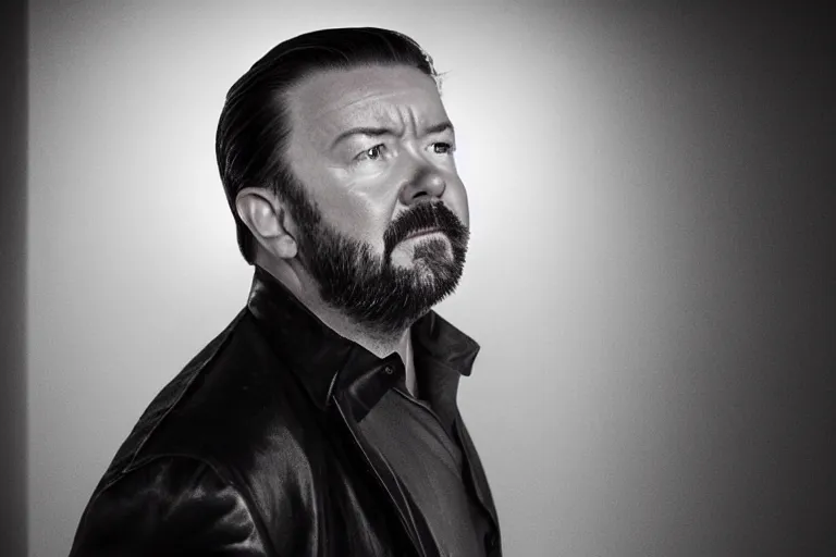 Prompt: an 8 5 mm portrait of ricky gervais as a 1 7 0 0's gangster by gustave baumann, lomography lady grey, ultra realistic, beautiful lighting, dramatic, noise, aron demetz, film