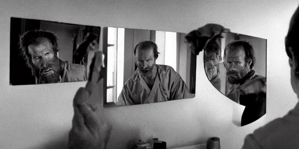 Image similar to ultra wide angle photo of young william hurt dressed as dr. eddie jessup, from altered states, looking at himself in a bathroom mirror and seeing his reflection as a hairy australopithecines like ape version of himself