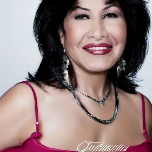 Image similar to dslr photo portrait still of 5 1 year old age 5 1 selena quintanilla at age 5 1!!!, 8 5 mm f 1. 8, studio lighting, vogue