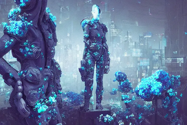 Image similar to marble statue covered in blue flowers, cyberpunk art by mike winkelmann, trending on cgsociety, retrofuturism, reimagined by industrial light and magic, darksynth, sci - fi