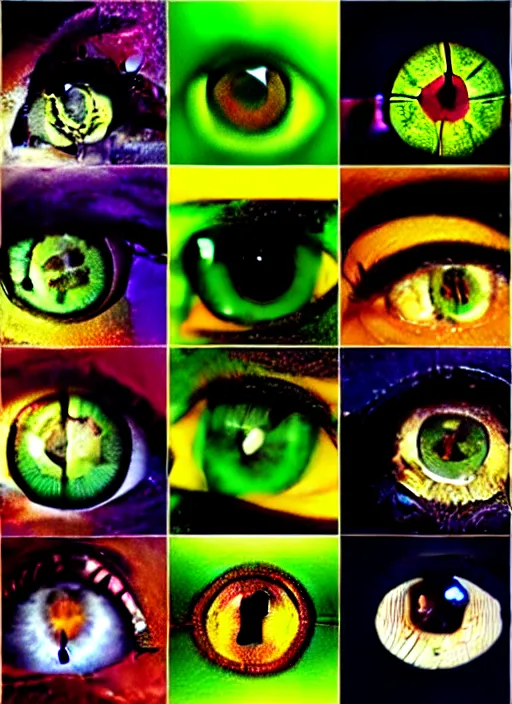 Image similar to grid montage of cube shaped eyes, square shaped black dilated pupils, cube shaped irises, detailed colored textures, eyelashes, advanced art, art styles mix, from wikipedia, wet reflections in square eyes, sunshine light, hd macro photograph, from side, various eyelid positions, square black pupil centered