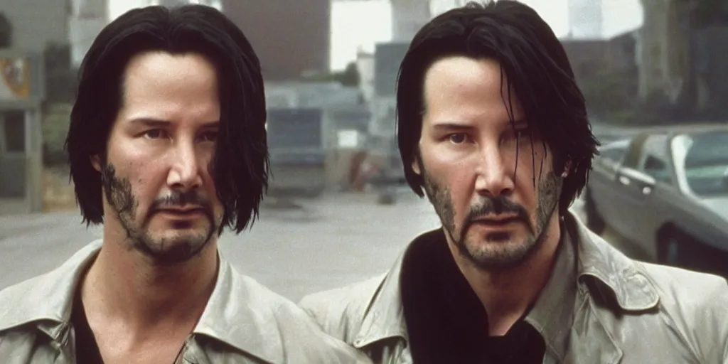 Image similar to beautiful hyperrealism three point perspective film still of Keanu Reeves as neo with machine gun in a motorcycle chase scene in Matrix(1990) extreme closeup portrait in style of 1990s frontiers in translucent porclein miniature street photography seinen manga fashion edition, miniature porcelain model, focus on face, eye contact, tilt shift style scene background, soft lighting, Kodak Portra 400, cinematic style, telephoto by Emmanuel Lubezki