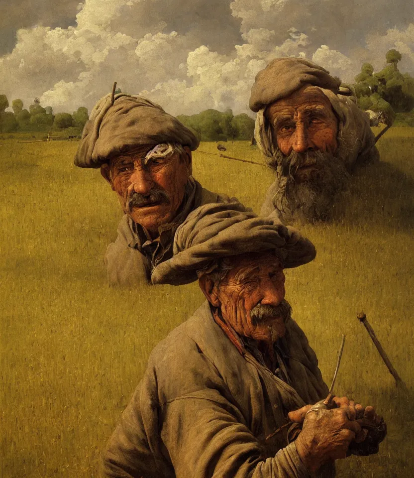 Prompt: a detailed painting portrait of an old rugged potato farmer in his field by moebius cinematic. by carl spitzweg. baroque elements. baroque element. intricate artwork by caravaggio. oil painting. oil on canvas. award winning. dramatic. trending on artstation. 8 k