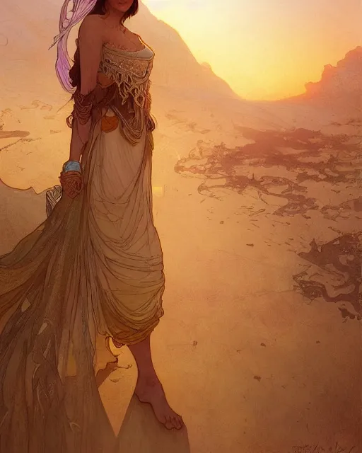 Image similar to bedouin in the desert, highly detailed, gold filigree, romantic storybook fantasy, soft cinematic lighting, award, disney concept art watercolor illustration by mandy jurgens and alphonse mucha and alena aenami, pastel color palette, featured on artstation