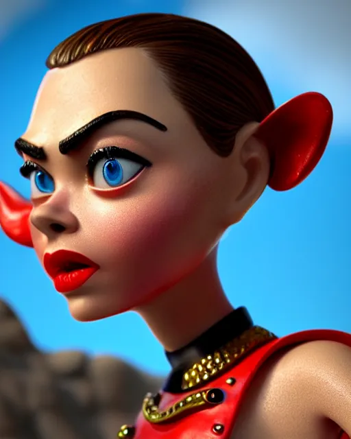 Prompt: highly detailed closeup, face profile portrait of a tin toy retro 1 9 5 0 s cara delevingne, bikini, unreal engine, max fleischer, global illumination, detailed and intricate environment
