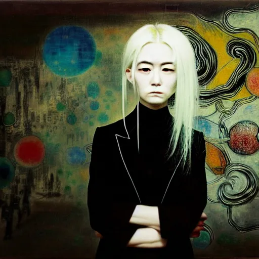 Prompt: yoshitaka amano blurred and dreamy realistic three quarter angle portrait of a young woman with white hair and black eyes wearing dress suit with tie, junji ito abstract patterns in the background, satoshi kon anime, noisy film grain effect, highly detailed, renaissance oil painting, weird portrait angle, blurred lost edges