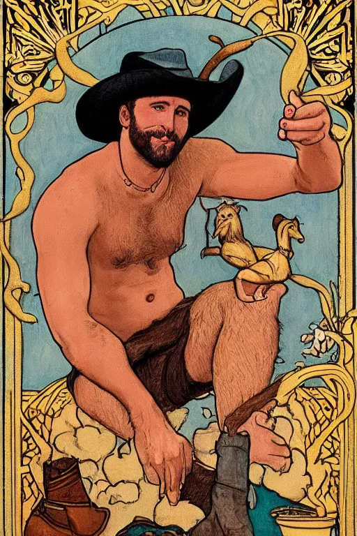 Prompt: a beautiful tarot! card of a handsome hairy shirtless cowboy wearing cowboy hat and boots with a chunky build and belly next to a campfire | golden hour, dark background | homoerotic | art deco, art nouveau | by Walter Crane | trending on artstation