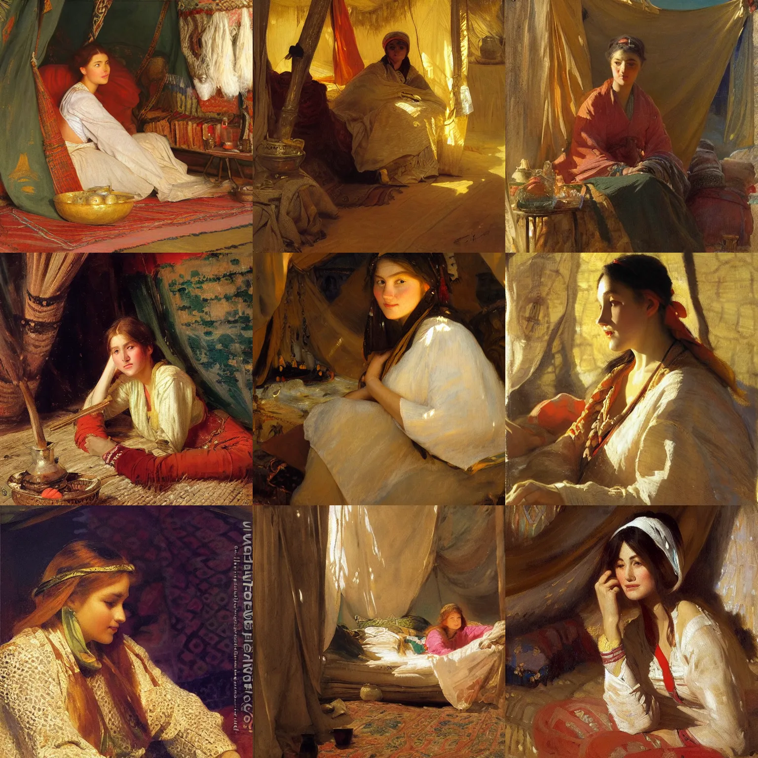 Prompt: orientalism painting of a beautiful young woman inside a cozy tent by theodore ralli and nasreddine dinet and anders zorn and nikolay makovsky and edwin longsden long, oil on canvas, masterful intricate artwork, excellent lighting, high detail 8 k