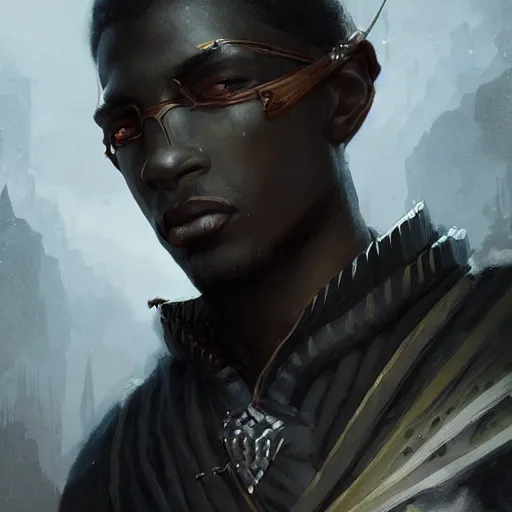 Prompt: a black male rogue, detailed face, symmetric face, hyperrealism, epic fantasy digital art, fantasy style art, by Greg Rutkowski, fantasy magic the gathering card art style