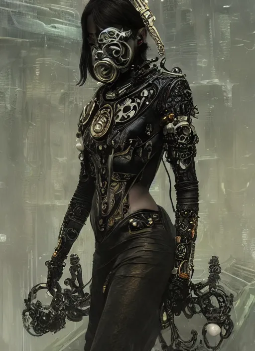 Prompt: a cyborg with mask, black leather garment with art nouveau ivory accessories, intricate lace and jewels, cyberpunk, darksynth, luxury, concept art by greg rutkowski, extremely detailed, ominous, ethereal, artstation, andree wallin, edvige faini, balaskas, alphonse mucha, 8 k, octane render