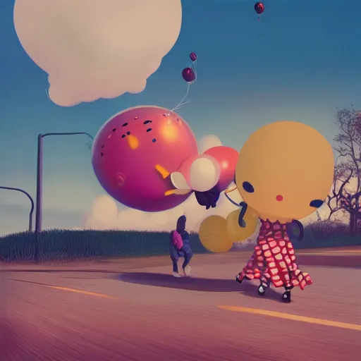 Image similar to yayoi kusama being chased by a ballon dog, nendroid, art by wgreg rutkowski. during golden hour. extremely silly.