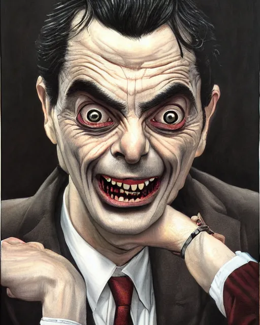 Prompt: portrait of mr bean as a vampire, gritty, dark, very detailed, hyperrealistic, very detailed painting by Glenn Fabry, by Joao Ruas