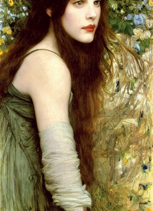 Prompt: a beautiful painting of young liv tyler by John Everett Millais and Dante Gabriel Rossetti and John Collier and john william waterhouse, pre-raphaelite, detailed, trending on artstation, hd, masterpiece