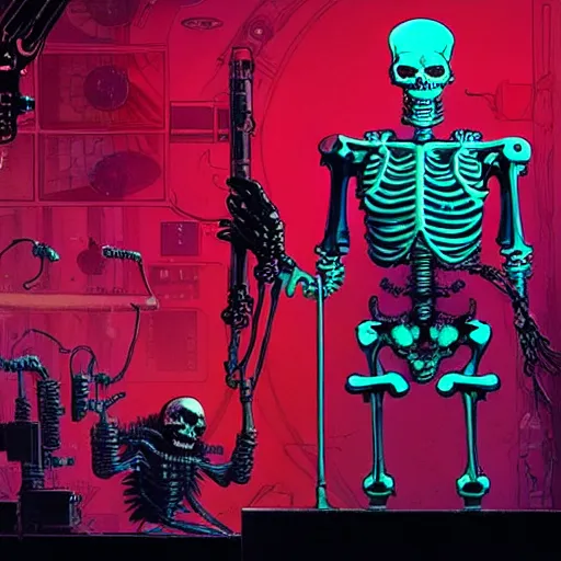 Image similar to portrait of a cybernetic evil undead skeleton sorcerer surrounded by lab equipment, cyberpunk concept art by josan gonzales and moebius and enki bilal and and dan mumford and jean claude meziere and philippe druilleg