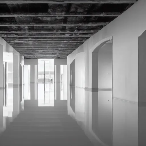 Prompt: interior of a flooded building, all white, minimalistic architecture, rounded ceiling, arched doorway, dim lights, liminal space,