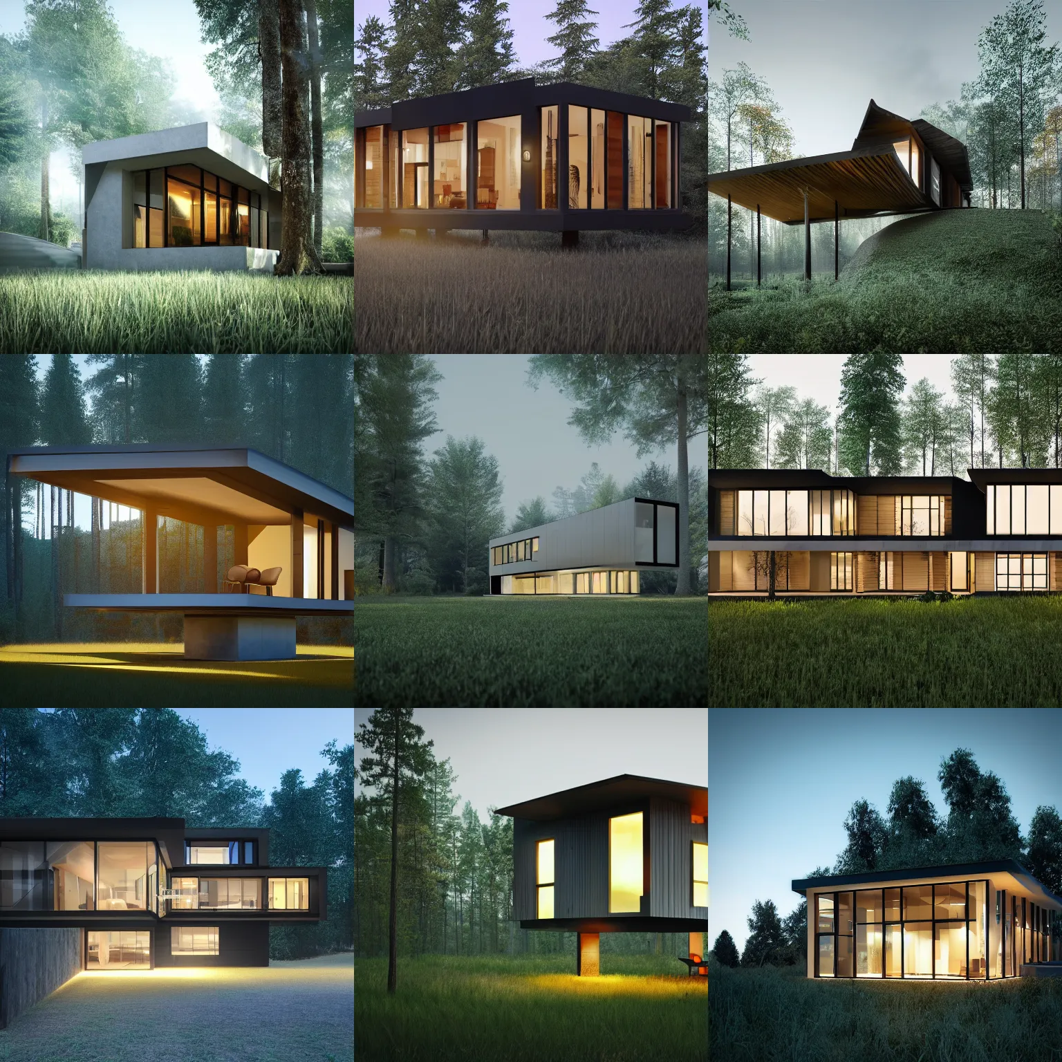 Image similar to a house in the middle of the forest, lights inside, contemporary architecture, architecture render, unreal engine, detailed