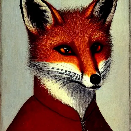 Image similar to a renaissance style portrait of the red fox (Vulpes vulpes) wearing the barretina, dark background