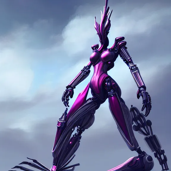 Image similar to extremely detailed giantess shot of a goddess that's a giant beautiful stunning anthropomorphic robot female dragon, standing majestically on a mountain, elegant pose, robot dragon claws, streamlined shiny silver metal armor, fuchsia skin, detailed sharp metal claws, thick warframe robot legs, long elegant tail, detailed warframe fanart, destiny fanart, high quality digital art, giantess art, furry art, warframe art, Destiny art, furaffinity, DeviantArt, artstation, 8k HD, octane render