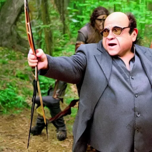 Prompt: Danny Devito as Katniss Everdeen in The Hunger Games