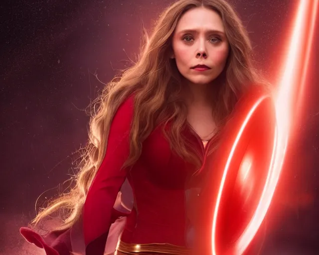Prompt: movie still of elizabeth olsen as the scarlet witch afloat!!!!! in the air with red glowing eyes, emanating red magic!!!!! from her palms, full - body portrait, trending on artstation, 8 k quality, cgsociety contest winner, artstation hd, artstation hq, luminous lighting, beautiful cloudy atmosphere